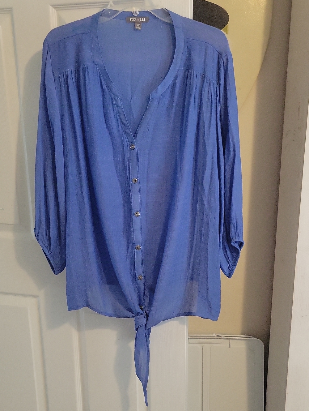 Roz & Ali Sz3X Royal Blue Button-Front Tie-Hem 3/4 Slweve Sheer Blouse